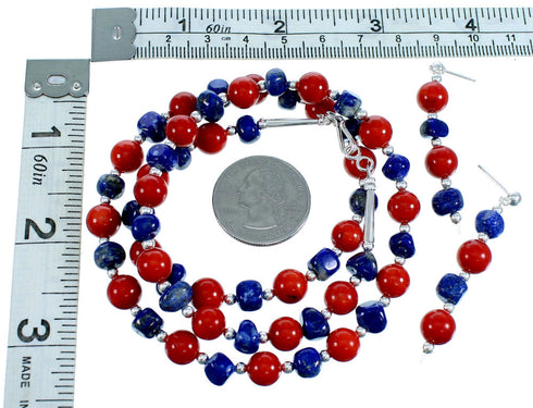 Navajo Sterling Silver Coral Lapis Bead Necklace And Earrings Set LX113490